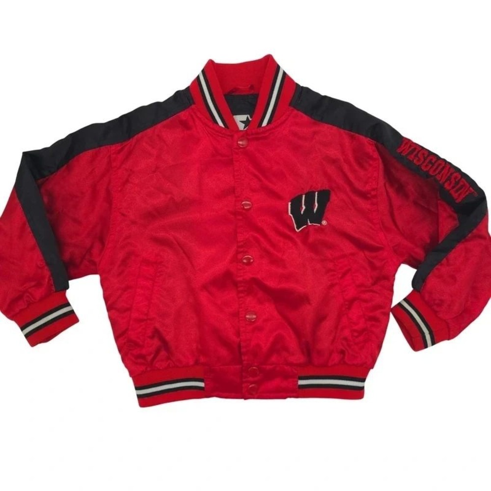Wisconsin Badgers Satin Varsity Bomber Vintage Jacket Starter Red Kids 4T